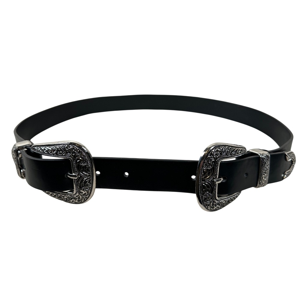 Black Double Buckle‎ Western Belt Silver Ornate Engraved Floral Vegan Leather